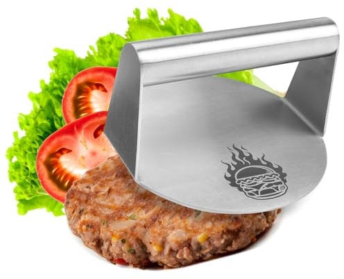 com-four® Burgerpresse Ø 14 cm aus Edelstahl 430, Burger Smasher - spülmaschinenfeste Hamburgerpresse für gleichmäßige Patties - Fleischbeschwerer perfekt für Grill & Pfanne