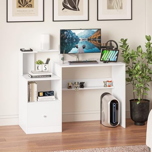 joolihome living 120CM Computer Desk with Drawers/Shelves/Monitor Stand/Cable Management,Home Office Study Table Gaming Desk PC Laptop Workstation (White)