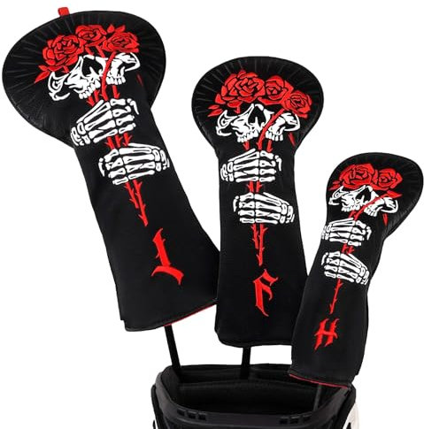 Lot de 3 housses de club de golf en bois (1.F.H) pour conducteur de parcours hybride avec fermeture élastique n° Tag en cuir PU noir motif tête de mort rose broderie