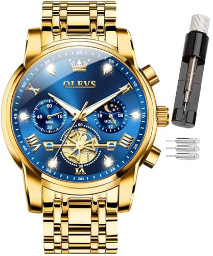 OLEVS Montre pour homme avec code horaire et bracelet en acier inoxydable - Étanche - Multifonctionnelle - À quartz - Montre ronde de luxe pour homme, Bracelet or 2856, cadran bleu - 1, Moderne