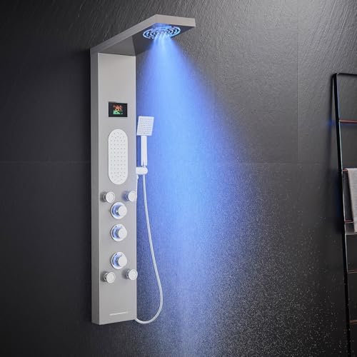 KINKIBOS Panneau de douche avec robinet, panneau de douche 6 fonctions avec affichage LED de la température, douche à effet pluie, douche brumisée, 2 modes de jets de massage, douchette à main et bec