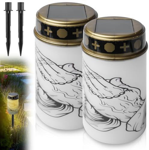 GOMETY Lot de 2 bougies funéraires à LED solaires imperméables, lumière sans flamme avec piquet de terre solaire avec capteur de lumière LED - Lumière funéraire - Lanterne funéraire - Lumière