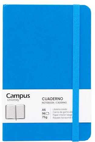 Campus Bullet Journal Notizbuch, A6, horizontal, liniert, 7 mm, gebunden, Hardcover, 96 Blatt à 75 g, elastischer Verschluss, Tasche und Lesezeichen (A6, horizontal, liniert, Himmelblau)