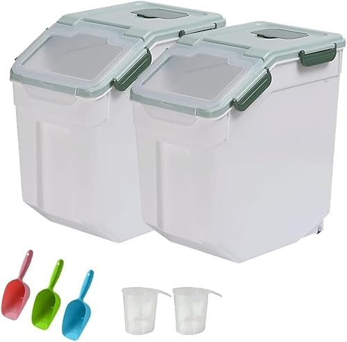 Uotyle Green 25kg Airtight Flour Storage Container with Measuring Cups, Hooks, Scoops, Rice Organizer Box, Large Plastic Food Bin with Lid for Dog, Cat Food, Flour, Rice, Cereal, Nuts(2 Pcs)