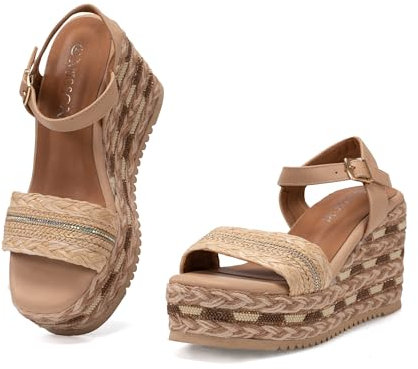 MISSCAI Sandali Donna Estivi con Zeppa Alta Plateau in Stile Espadrillas Scarpe Aperta Comode con Cinturino alla Caviglia WWS250140 Beige 38