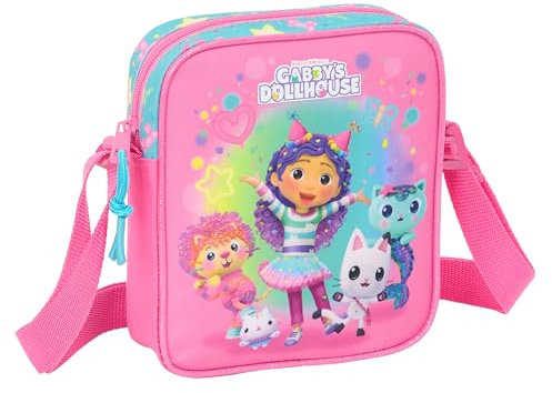 safta GABBY'S DOLLHOUSE CONFETTI Kleine Umhängetasche, Kindertasche, ideal für Kinder von 5 bis 14 Jahren, bequem und vielseitig, Qualität und Widerstandsfähigkeit, 16 x 4 x 18 cm, rosa/türkis, M