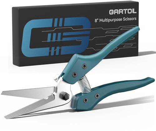 GARTOL 8 Scissors All Purpose Heavy Duty, Ultra sharp Tin Snips with Cable Notch, Finely Serrated Angled-Blades - Industrial Scissors for Carpet, Cardboard, Sheet Metal, Leather, Insulation, Wires