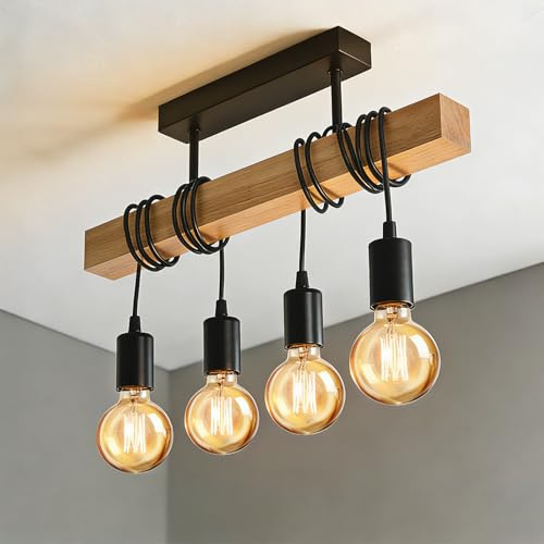 Lightsjoy Industrial Wood Ceiling Lights 4-Head Light Fittings Ceilings Adjustable Rope Length Black Vintage Pendant Light Semi Flush Ceiling Pendant Living Room, Kitchen, Dining Room Hanging Lights