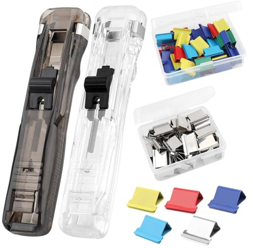 Lot de 2 distributeurs de pinces à palourdes avec 100 clips de recharge en métal (50 argentés et 50 couleurs) - Distributeur de trombones portable réutilisable sans couture - Alternative pour bureau