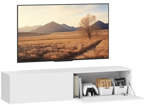 HOMCOM Meuble TV Suspendu avec 2 Portes Mural 140 x 33 x 29,8 cm Blanc | Meuble TV Mural, pour Téléviseur jusqu'à 45 55 65 Pouces, pour Salon ou Chambre à Coucher