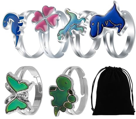 AHEJIOO 7 Stück Stimmungsring Set Für Kinder Mädchen Jungen, Farbwechsel Mood Rings Mit Dinosaurier Und Schmetterling Designs, Verstellbare Stimmungsring Kinder Ringe Mit Aufbewahrungsbeutel