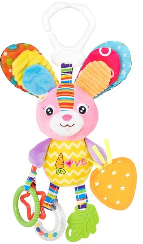 Funsland Baby Kinderwagen Spielzeug - Hängespielzeug Mit Glocke, Clip Auf Babyschale für Mädchen und Jungen - Plüsch Tier Activity Geschenk für Neugeborene 0,3,6,12 Monate,Hase
