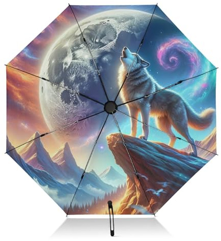 GAIREG Winddichter Reise-Regenschirm, faltbarer Regenschirm, automatisches Öffnen, Schließen, Rucksack, Geldbörse, tragbar, ideal für Frauen, heulender Wolf, Galaxie, Mond