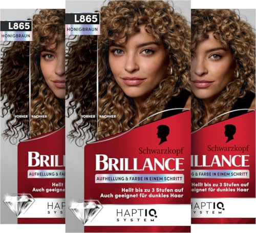 Schwarzkopf Brillance Intensiv-Color-Creme L865 Honigbraun (3x 170 ml), Permanente Haarfarbe mit perfekter Grauabdeckung, Coloration mit pflegendem Biotin-Komplex für bis zu 12 Wochen Farbintensität