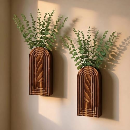Yeedonzo 2 Stück Holz Wandvase mit 20 Künstlich Eukalyptus Pflanze | Hängende Vase Set für Zimmerpflanzen, Künstlicher Eukalyptus Wandpflanzgefäße, Wohnzimmer, Badezimmer, Dekorationen Wanddeko