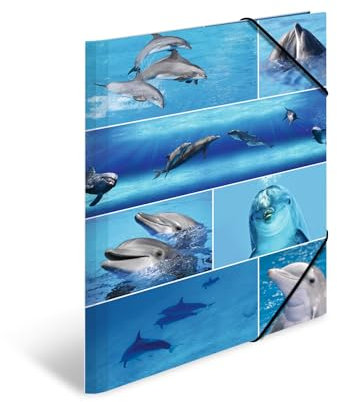 HERMA Sammelmappe A3 Delfine, Kinder Eckspanner-Mappe aus Pappe mit Tier Motiv, Gummizug, Innenklappen und Innendruck für Jungen und Mädchen