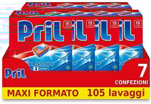 Pril Tab 3 Azioni, Detersivo Lavastoviglie Tabs per piatti e stoviglie sempre pulite, Confezione 105 Pastiglie