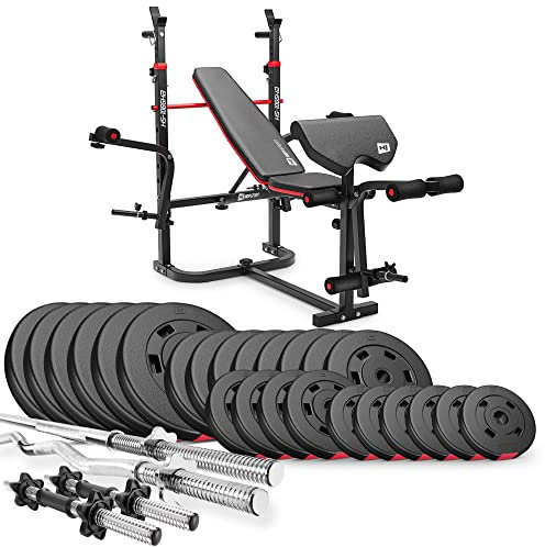 Hop-Sport - Hantelbank mit Latzug, multifunktionale Trainingsbank, verstellbare Schrägbank, inkl. Langhantelstange, SZ-Curlstange, Hantelset 135 kg, max. Hantelbank Belastbarkeit 250 kg