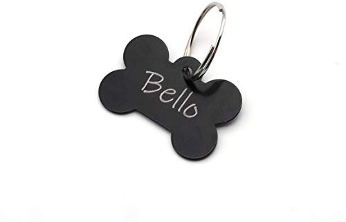 CopterFarm Hundeknochen, Haustier, Hundemarke mit Gravur beidseitig inkl. Schlüsselring | Knochen | Anhänger, ID Tag Hund, Adressschild, Adressmarke, Adressanhänger für Hundehalsband | Schwarz