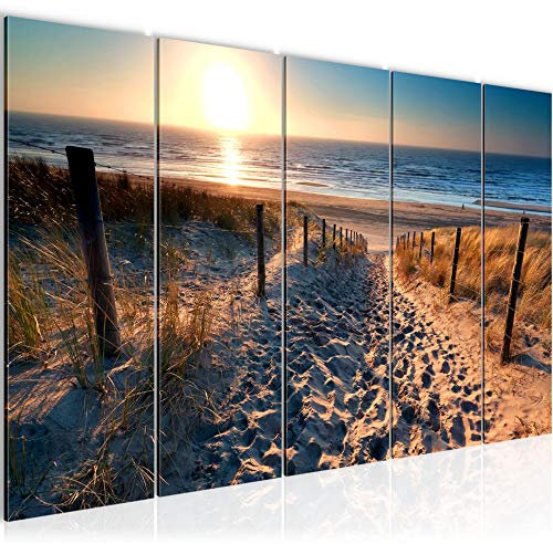 Runa Art Wandbild XXL Strand Sonnenuntergang Schlafzimmer Wohnzimmer 200 x 80 cm Beige Blau 5 Teilig - Made in Germany - 018455a