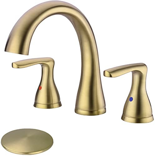 Trustmi Robinet de salle de bain à 2 poignées de 20,3 cm de large Or brossé 3 trous Robinet de lavabo Robinet de lavabo avec bonde Pop Up