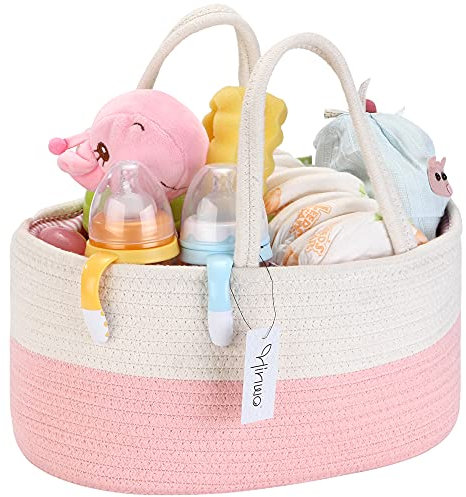 Hinwo Baby Windel Caddy 3-fach Säugling Kinderzimmer Einkaufstasche Tragbarer Auto Organizer Neugeborene Dusche Geschenkkorb Baumwollseil mit abnehmbarem Teiler für Windeln & Tücher