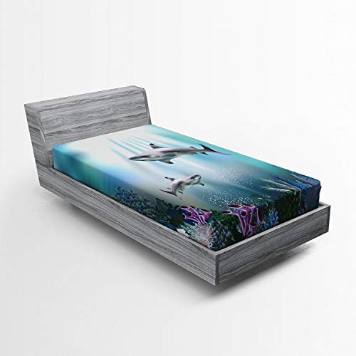 ABAKUHAUS Unterwasser- Spannbetttuch, Sharks Coral Aquatic, Soft Dekorativer Stoff Bettwäsche Rund-um Elastischer Gummizug, 90 x 200 cm, Aqua Grau