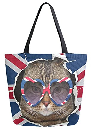Mnsruu Lustige Katze, Union Jack, wiederverwendbare Einkaufstasche, Damen, große lässige Handtasche, Schultertasche für Einkaufen, Einkäufe, Reisen, Outdoor