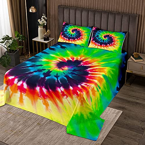 Mädchen Tie Dye Steppdecke Boho Psychedelisch Tagesdecke 220x240cm Bohemien Gypsy Bettüberwurf für Kinder Damen Zimmerdeko Bunte Hippie Tie Dye Wohndecke mit 2 Kissenbezug