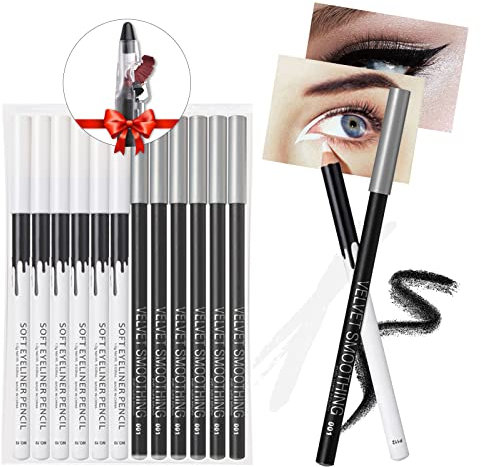 12PCS Erinde Eyeliner-Stift-Set, weißer Eyeliner-Stift, weicher schwarzer Eyeliner-Augenbrauenstift, Augenaufheller-Stick, wasserfest natürlich matt hypoallergen, weiße Eyeliner-Make-up-Stift