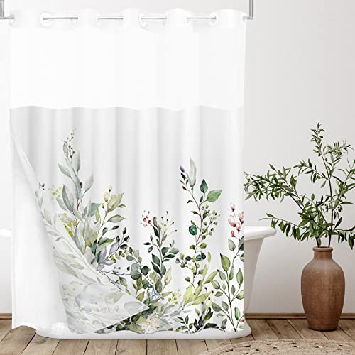 Tititex Ensemble de rideaux de douche sans crochets à clipser, motif feuilles d'eucalyptus, double couche, tissu imperméable et fenêtre supérieure transparente, 183 x 183 cm, vert