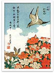 Strand Clothing Japanese Ukiyo-e Art Print Poster Woodblock Wall Art - Cuckoo and Azalea by Hokusai (White Small)