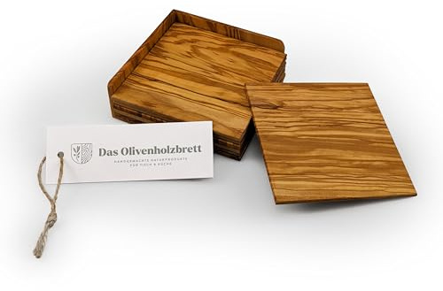 DAS OLIVENHOLZBRETT®Untersetzerset  in praktischer Halterung/6 teilig 13cm | aus Olivenholz/ Glasuntersetzer aus Holz / Olivenholzuntersetzer für Gläser/Beilagenbrettchen viereckig
