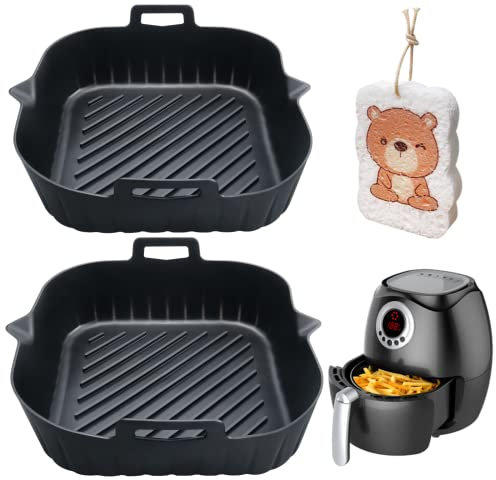 2 Pcs Air Fryer Silicone Pot with Sponge Brush Reusable Airfryer Liners Heat Resistant Non-Stick Food Tray Mat with Handle 8 Air Fryer Accessories,Fit for Air Fryer,Tower,Oven,Microwave (Black)