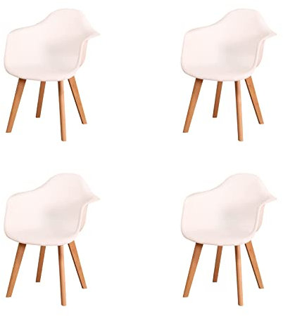 HJhomeheart Lot de 4 Chaises de Salle à Manger avec Accoudoirs, Fauteuil Design Moderne, Chaise de Cuisine Scandinave avec Pieds en Hêtre (Blanc)
