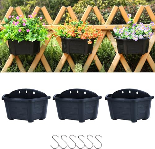 summer flower Hanging Flower Pots, 3 Pack 9.84” Wall Hanging Planters for Railing Fence Balcony, Plastic Plants Pots for Window Box Garden Outdoor Flowers Indoor Decor (Black)