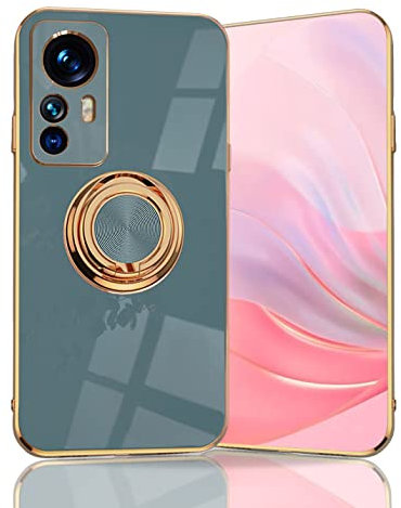 BORYA Ultra Dünn Hülle für Xiaomi 12T 5G, Stoßfest Handyhülle, TPU Bumper Weiches Silikon Schutzhülle mit Galvanisieren Goldkante 360°Ring Ständer, Grau