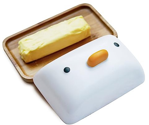 TULANDOT Mantequilleras de Pato para Encimera,Cuenco de Bambú con Tapa de Porcelana 18 x 12 cm, Recipiente Grande de Madera para 1 Pieza de Mantequilla,Almacenamiento Antideslizante