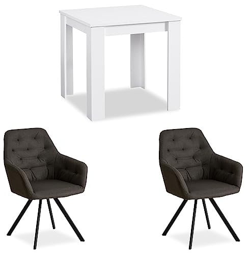 Homestyle4u 2376, Essgruppe mit 2 Stühlen Tisch Weiß Stuhl Anthrazit, Küchentisch Esstisch 80x80 cm Holz Massiv