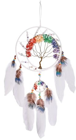 7 chakras blanc arbre de vie attrape-rêves décoration murale avec arc-en-ciel guérison pierre cristal fait à la main plume attrape-rêves décoration murale pour chambre à coucher décoration bénédiction