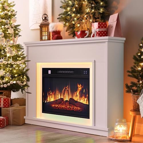YITAHOME Electric Fireplace, White Electric Fire and Surround 23 inch Heating Modern Realistic LED Flame, with Timer and 16 Color LED Light Strip and Remote Control, 26D x 100W x 80.5H