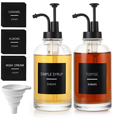 Rawhui 16 oz Flacon Distributeur Pompe de Sirop avec étiquettes, Bouteilles de Sirop en Verre pour Accessoires de Bar à café, Cuisine
