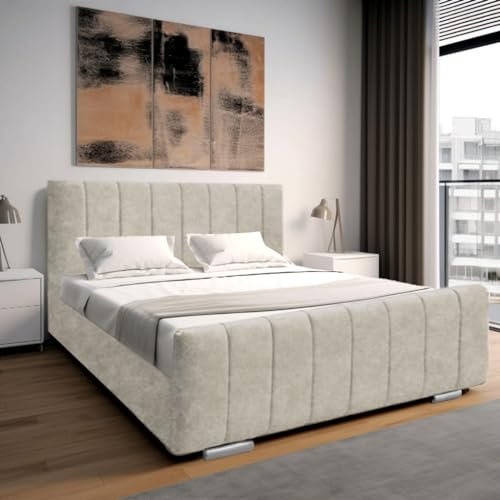 AU Gold Beds: Luxurious Upholstered Panel & Lined Headboard, Bed Frame, Cream Naples, 4 Ft 6 Double – Ottoman