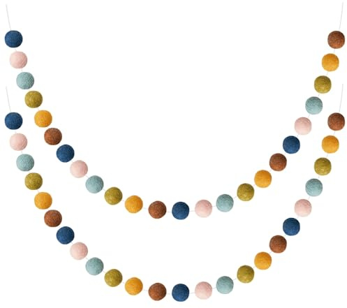 WILLBOND 2 Pieces Wool Felt Rainbow Ball Garland Colorful Pom Pom 6.5 ft Long 24 Ball Garland for Easter Mardi Gras Classroom Halloween Thanksgiving Xmas (Multicolor)