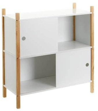 LEKE GO Estantería Nórdico con 2 Puertas Correderas de Madera de Pino Blanca para Dormitorio, Oficina y Habitación de 70x30x77 cm