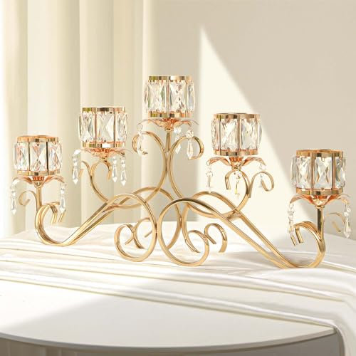 kolnlala Großer eleganter Kerzenhalter mit 5 Armen, Kristallschale, Kerzenhalter/Kandelaber, Kristall-Votivkerzenhalter, 5-armig, Metall-Kristall-Kerzenhalter für Tischdekoration, Hochzeit/Party