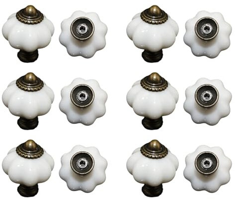 Vokowin 12 Pack White Ceramic Door & Drawer Knobs, Vintage Pumpkin Knobs for Kitchen & Dresser Cabinets (K414-12)
