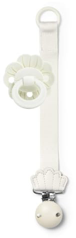 Elodie Details Schnuller & Clip Set, Stoff und Holz Clip, Universal Silikonring, Passend für Alle Schnuller, Skandinavisches Design - Vanilla White Bloom/Vanilla White Holz Clip