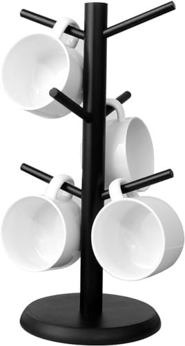 APOMOONS Coffee Mug Tree with 6 Hooks,Mug Hanger Stand Mug Tree Black Bamboo Cup Holder Tree with Thickened Base,Mug Tree, Coffee Cup Holder, Counter Cup Holder,Coffee Organizer Station (Black)