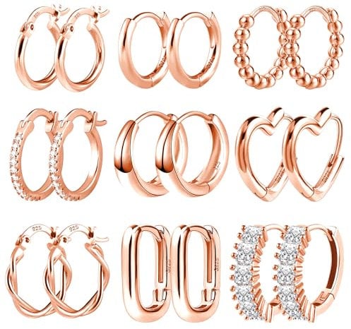 Creolen Roségold Ohrringe Set, ALEXCRAFT 9 Paar Multipack Roségold Ohrringe Creolen Kleine für Damen Frauen, Roségold Creolen Eckig Herz Knorpel Huggie Kreolen Mehrere Ohrlöcher Piercing Ohrringe